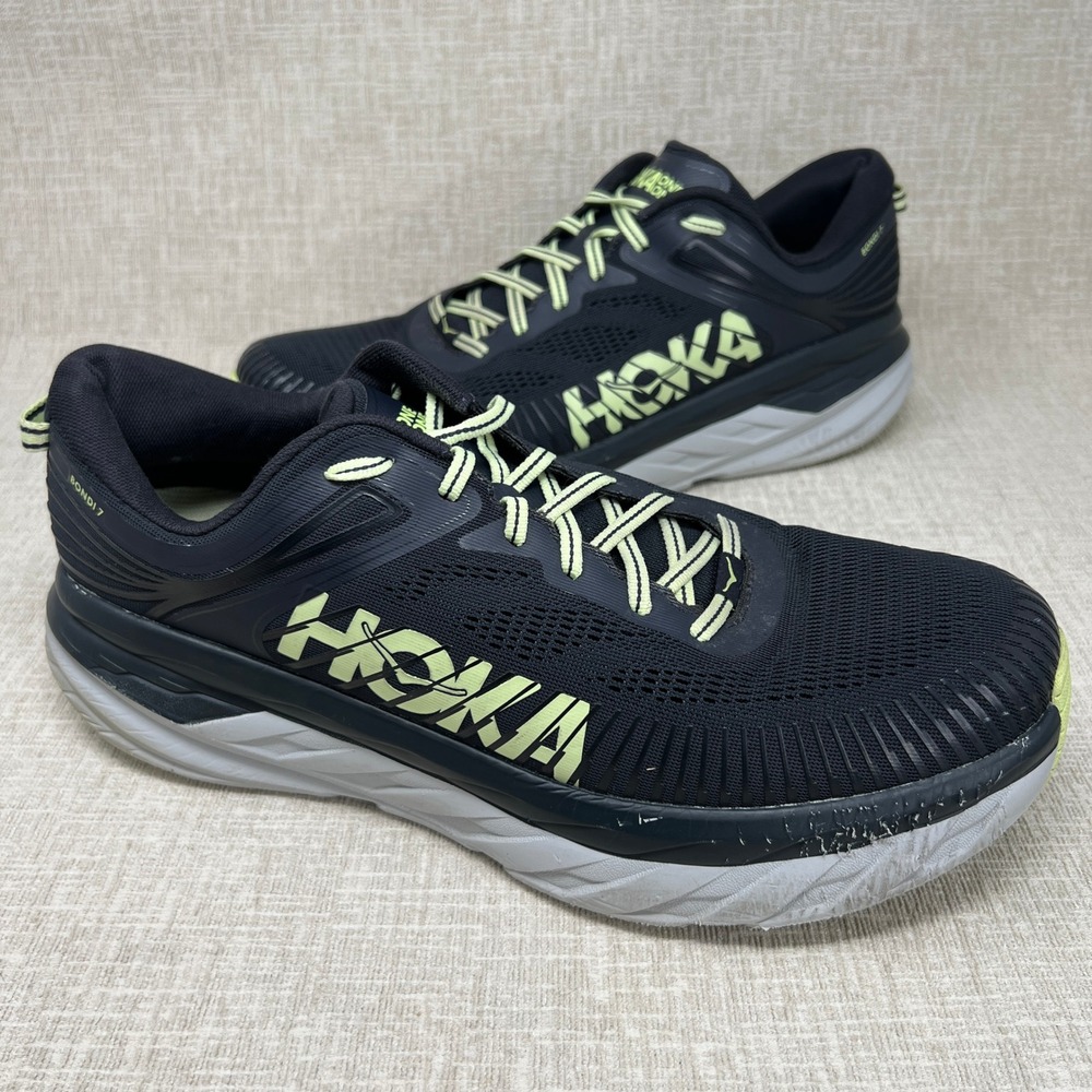 Hoka Bondi 7 Running Shoes Mens 14 Black Lime Mesh Athletic Comfort Road Gym